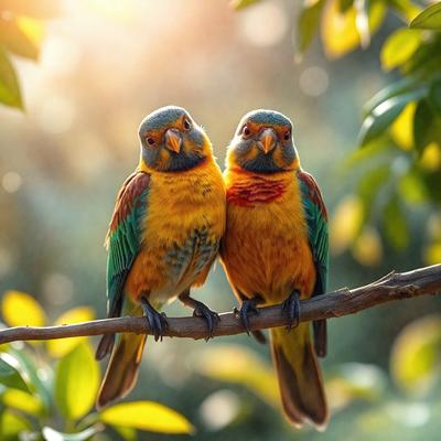 The image features two colorful birds perched on a tree branch. The birds are positioned close to each other, creating a sense of companionship. The primary subject is the two birds, and the setting is a tree with leaves, providing a natural and serene backdrop. The visual style is a photo, capturing the birds in their natural habitat. The colors and mood of the image are vibrant and lively, with the birds' vivid colors contrasting against the green leaves of the tree.